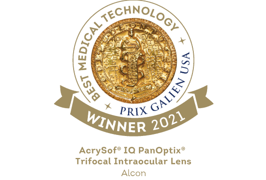 An image of a gold medallion that depicts the AcrySof IQ PanOptix Trifocal Intraocular Lens from Alcon as the Prix Galien USA 2021 winner for best medical technology.